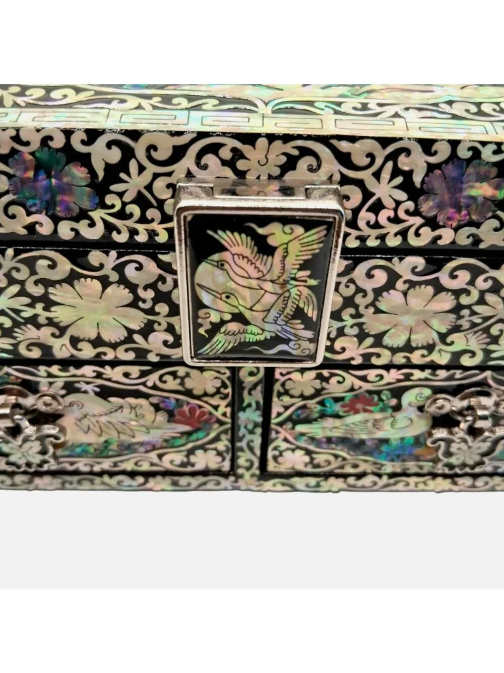 Elegant Mother-Of-Pearl Inlay Asian Jewelry Box Lacquered W Crane & Floral NWOB